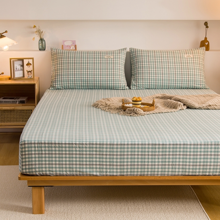 91家纺网 家纺一手货源 找家纺 柠萌2021新款全棉色织水洗棉单床笠 海蓝小格