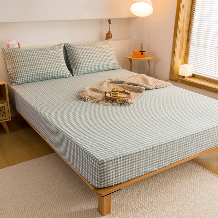 91家纺网 家纺一手货源 找家纺 柠萌2021新款全棉色织水洗棉单床笠 海蓝小格