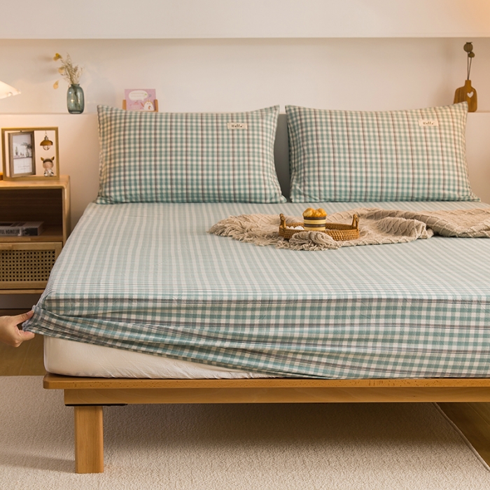 91家纺网 家纺一手货源 找家纺 柠萌2021新款全棉色织水洗棉单床笠 海蓝小格