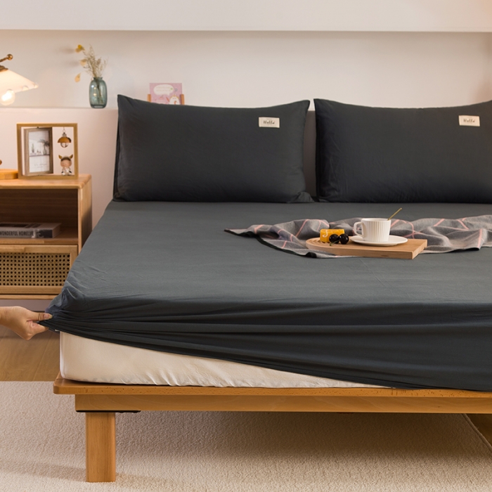 91家纺网 家纺一手货源 找家纺 柠萌2021新款全棉色织水洗棉单床笠 黑灰