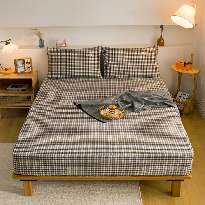 91家纺网 家纺一手货源 找家纺 柠萌2021新款全棉色织水洗棉单床笠 灰黄小格