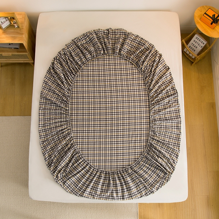 91家纺网 家纺一手货源 找家纺 柠萌2021新款全棉色织水洗棉单床笠 灰黄小格