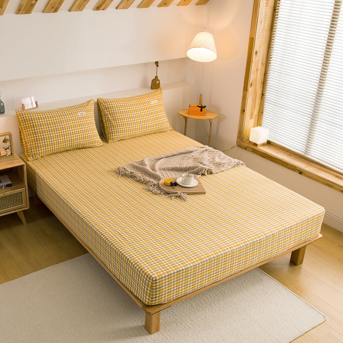 91家纺网 家纺一手货源 找家纺 柠萌2021新款全棉色织水洗棉单床笠 姜黄小格