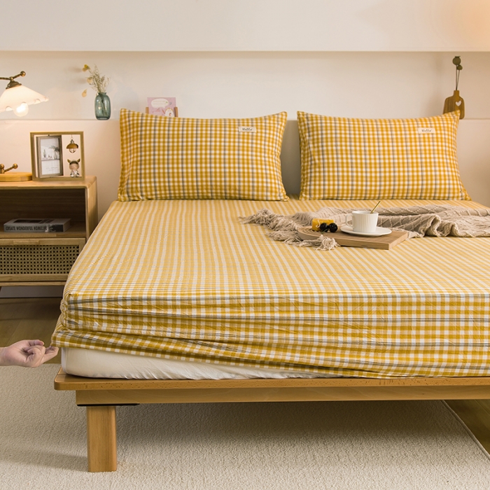 91家纺网 家纺一手货源 找家纺 柠萌2021新款全棉色织水洗棉单床笠 姜黄小格