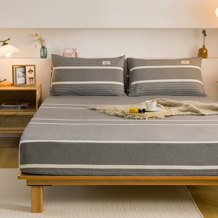 91家纺网 家纺一手货源 找家纺 柠萌2021新款全棉色织水洗棉单床笠 宽双线冷灰