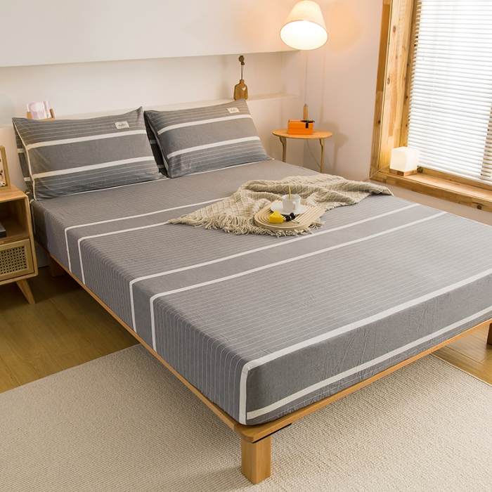 91家纺网 家纺一手货源 找家纺 柠萌2021新款全棉色织水洗棉单床笠 宽双线冷灰