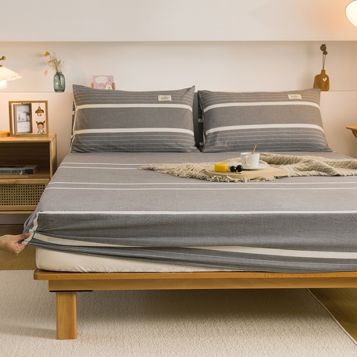 91家纺网 家纺一手货源 找家纺 柠萌2021新款全棉色织水洗棉单床笠 宽双线冷灰