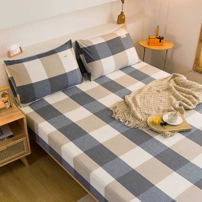 91家纺网 家纺一手货源 找家纺 柠萌2021新款全棉色织水洗棉单床笠 蓝大格