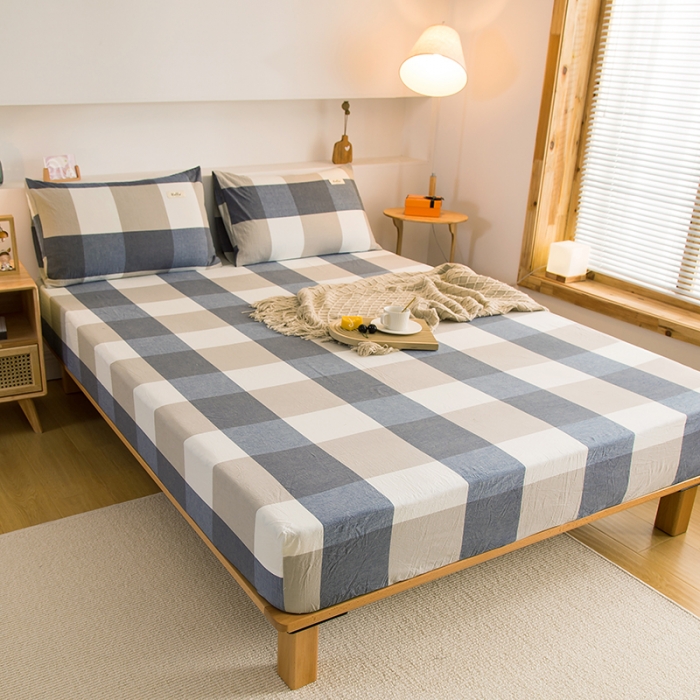 91家纺网 家纺一手货源 找家纺 柠萌2021新款全棉色织水洗棉单床笠 蓝大格