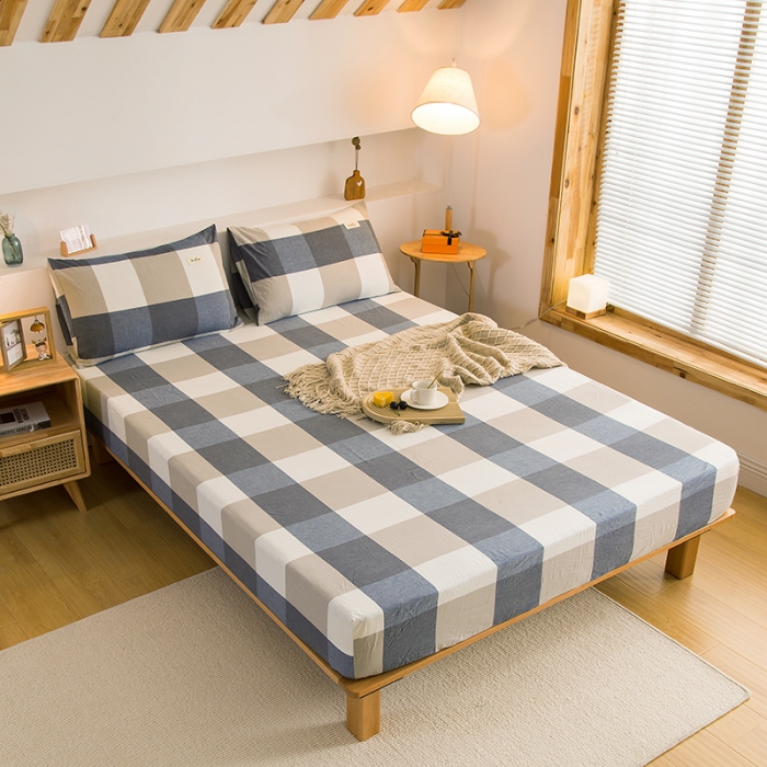 91家纺网 家纺一手货源 找家纺 柠萌2021新款全棉色织水洗棉单床笠 蓝大格