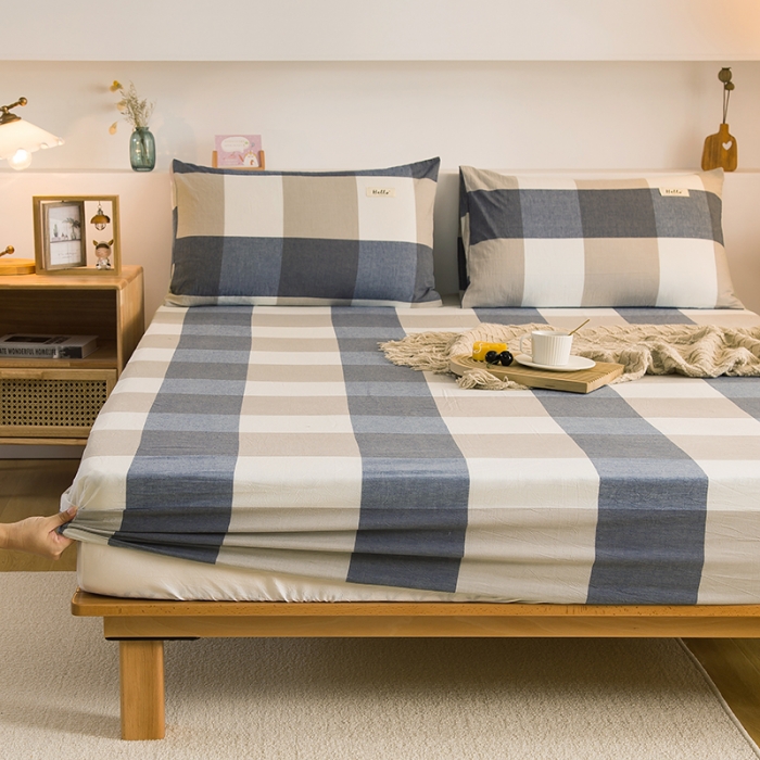 91家纺网 家纺一手货源 找家纺 柠萌2021新款全棉色织水洗棉单床笠 蓝大格