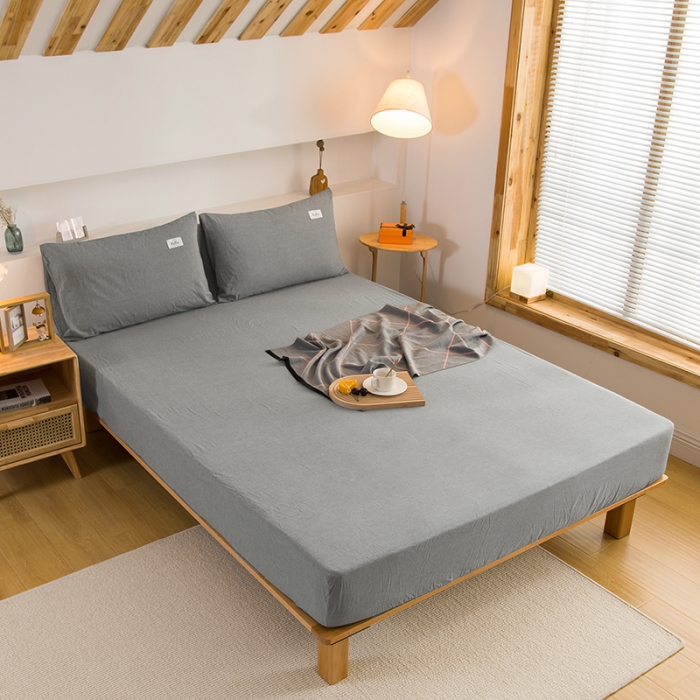 91家纺网 家纺一手货源 找家纺 柠萌2021新款全棉色织水洗棉单床笠 冷灰