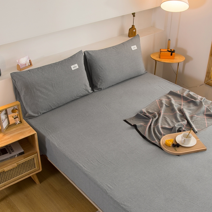 91家纺网 家纺一手货源 找家纺 柠萌2021新款全棉色织水洗棉单床笠 冷灰