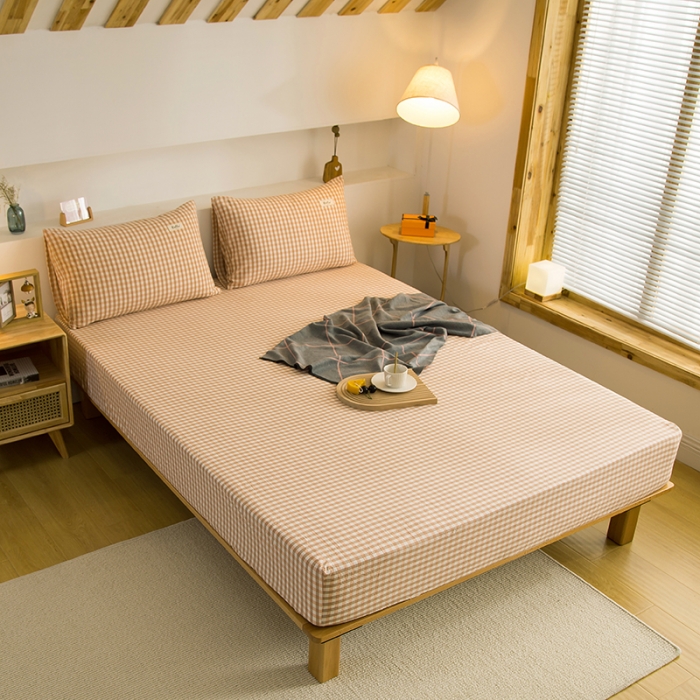 91家纺网 家纺一手货源 找家纺 柠萌2021新款全棉色织水洗棉单床笠 蜜粉小格