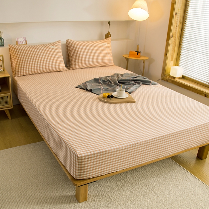 91家纺网 家纺一手货源 找家纺 柠萌2021新款全棉色织水洗棉单床笠 蜜粉小格