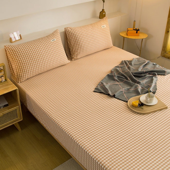 91家纺网 家纺一手货源 找家纺 柠萌2021新款全棉色织水洗棉单床笠 蜜粉小格