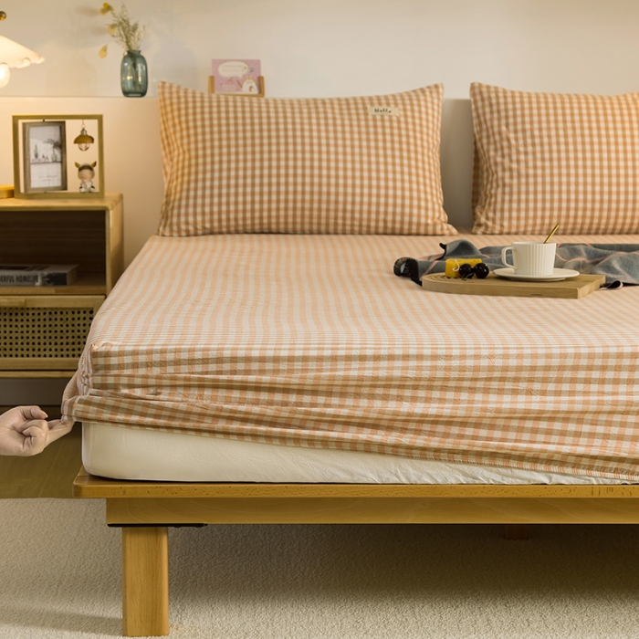 91家纺网 家纺一手货源 找家纺 柠萌2021新款全棉色织水洗棉单床笠 蜜粉小格