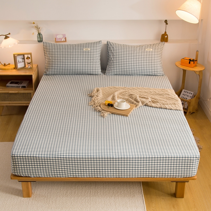 91家纺网 家纺一手货源 找家纺 柠萌2021新款全棉色织水洗棉单床笠 浅蓝小格