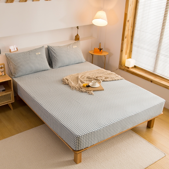 91家纺网 家纺一手货源 找家纺 柠萌2021新款全棉色织水洗棉单床笠 浅蓝小格