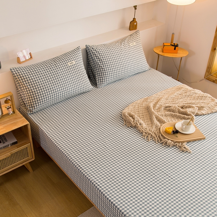 91家纺网 家纺一手货源 找家纺 柠萌2021新款全棉色织水洗棉单床笠 浅蓝小格