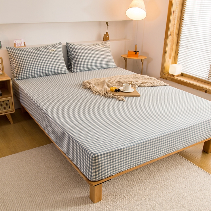 91家纺网 家纺一手货源 找家纺 柠萌2021新款全棉色织水洗棉单床笠 浅蓝小格