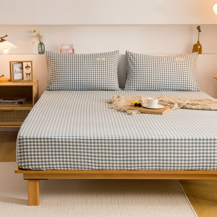 91家纺网 家纺一手货源 找家纺 柠萌2021新款全棉色织水洗棉单床笠 浅蓝小格