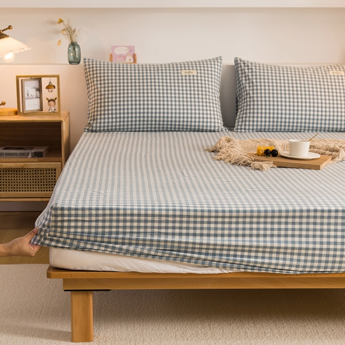 91家纺网 家纺一手货源 找家纺 柠萌2021新款全棉色织水洗棉单床笠 浅蓝小格