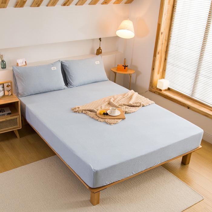 91家纺网 家纺一手货源 找家纺 柠萌2021新款全棉色织水洗棉单床笠 浅水蓝