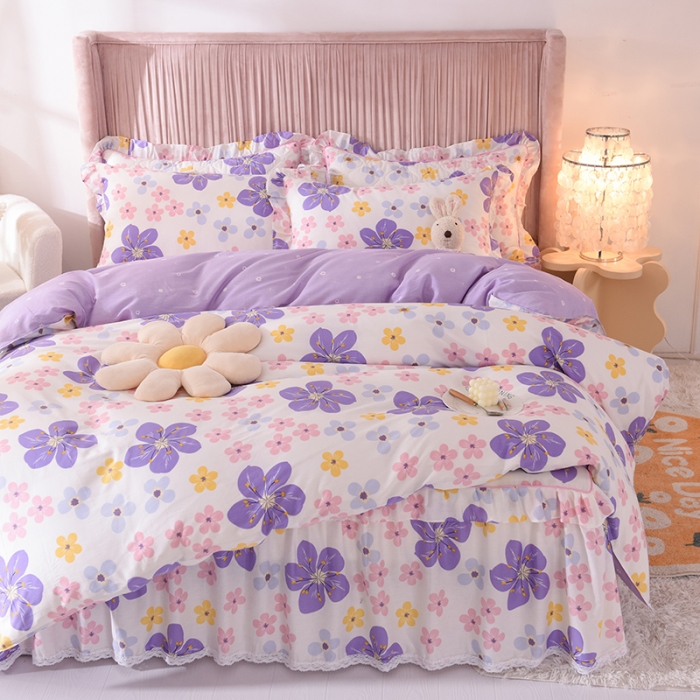 91家纺网 家纺一手货源 找家纺 美达2025全棉蕾丝小花边半夹棉床裙四件套 芳草悠悠