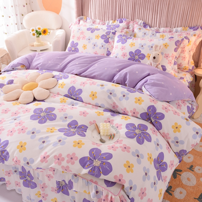 91家纺网 家纺一手货源 找家纺 美达2025全棉蕾丝小花边半夹棉床裙四件套 芳草悠悠