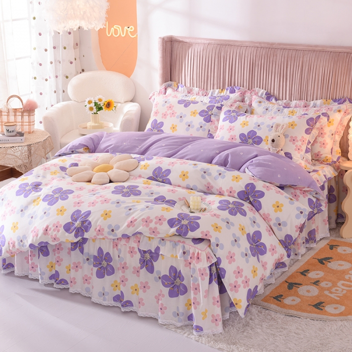 91家纺网 家纺一手货源 找家纺 美达2025全棉蕾丝小花边半夹棉床裙四件套 芳草悠悠