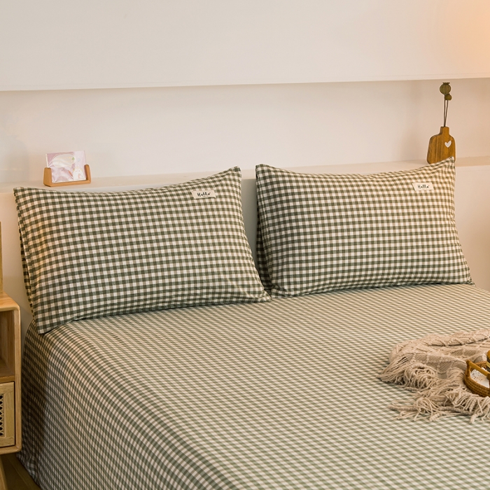 91家纺网 家纺一手货源 找家纺 柠萌2021新款全棉色织水洗棉枕套 草绿小格（一对）