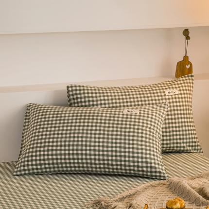 柠萌2021新款全棉色织水洗棉枕套 草绿小格（一对）
