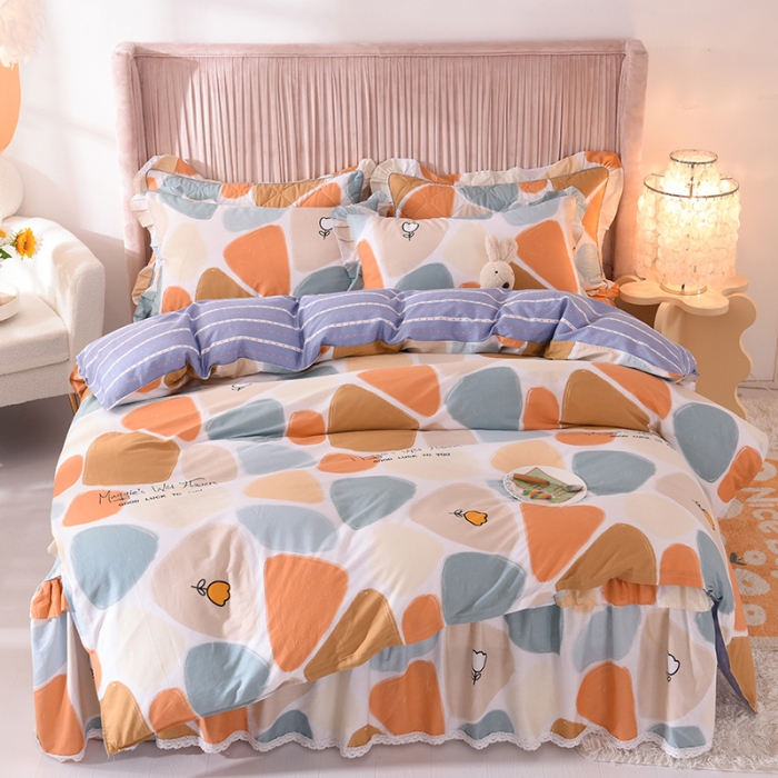 91家纺网 家纺一手货源 找家纺 美达2025全棉蕾丝小花边半夹棉床裙四件套 雨花石