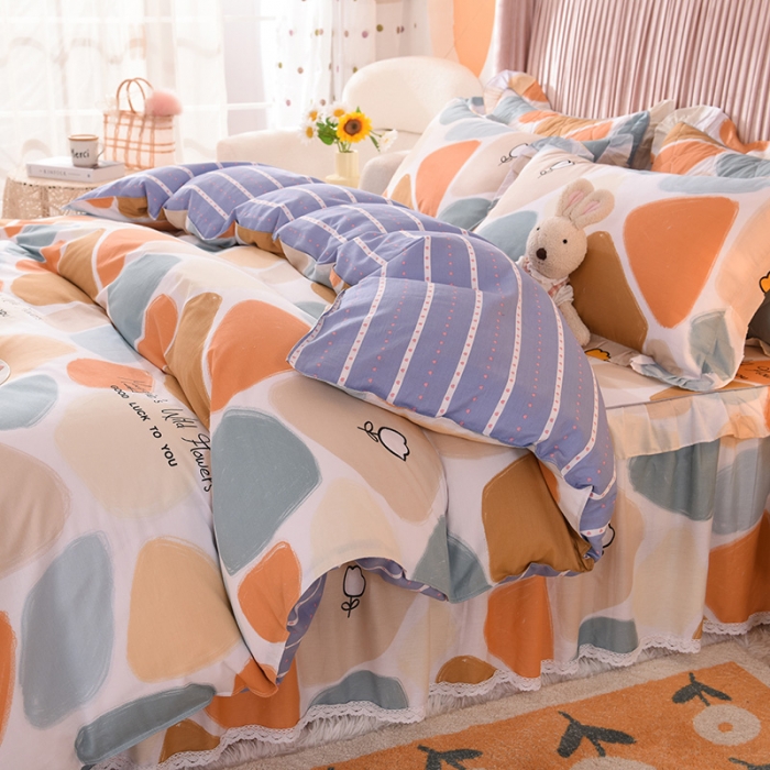 91家纺网 家纺一手货源 找家纺 美达2025全棉蕾丝小花边半夹棉床裙四件套 雨花石