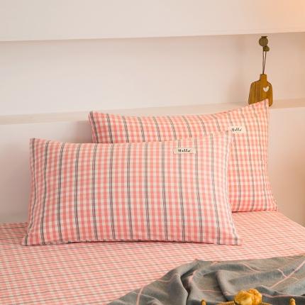 柠萌2021新款全棉色织水洗棉枕套 灰小格（一对）