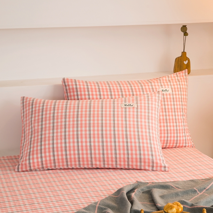 91家纺网 家纺一手货源 找家纺 柠萌2021新款全棉色织水洗棉枕套 灰小格（一对）