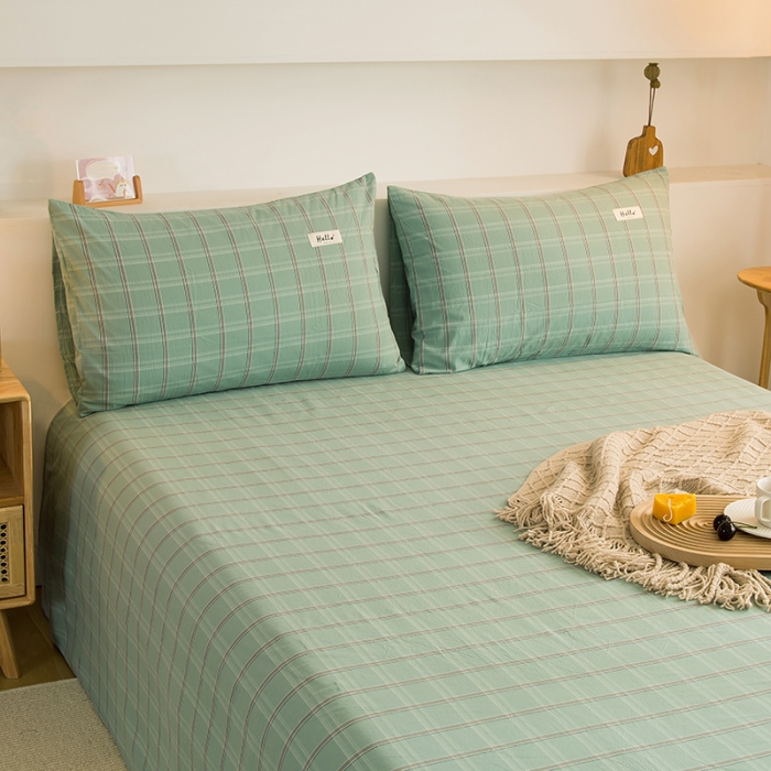 91家纺网 家纺一手货源 找家纺 柠萌2021新款全棉色织水洗棉枕套 海蓝格（一对）