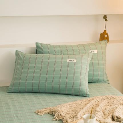 柠萌2021新款全棉色织水洗棉枕套 海蓝格（一对）