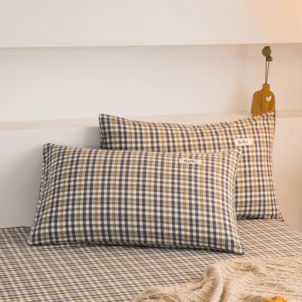 柠萌2021新款全棉色织水洗棉枕套 灰黄小格（一对）