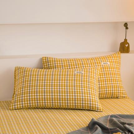 柠萌2021新款全棉色织水洗棉枕套 姜黄小格（一对）