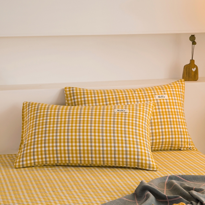 91家纺网 家纺一手货源 找家纺 柠萌2021新款全棉色织水洗棉枕套 姜黄小格（一对）