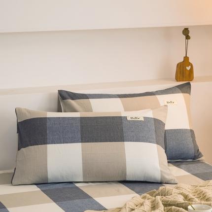 柠萌2021新款全棉色织水洗棉枕套 蓝大格（一对）