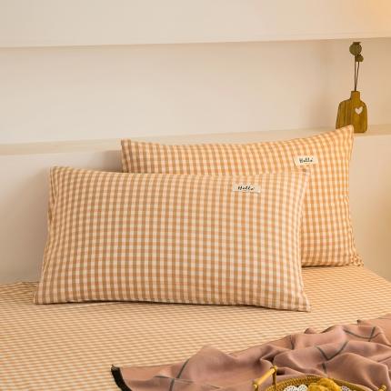 柠萌2021新款全棉色织水洗棉枕套 蜜粉小格（一对）