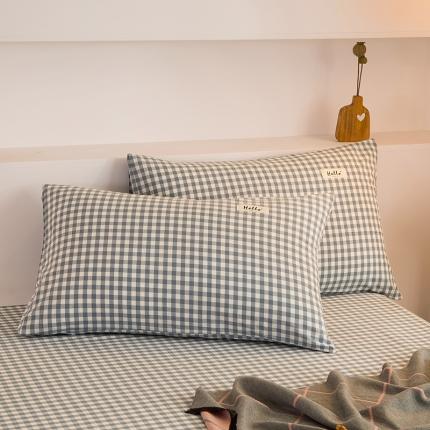 柠萌2021新款全棉色织水洗棉枕套 浅蓝小格（一对）