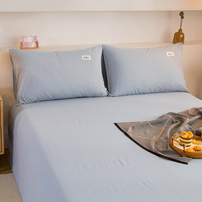 91家纺网 家纺一手货源 找家纺 柠萌2021新款全棉色织水洗棉枕套 浅水蓝（一对）