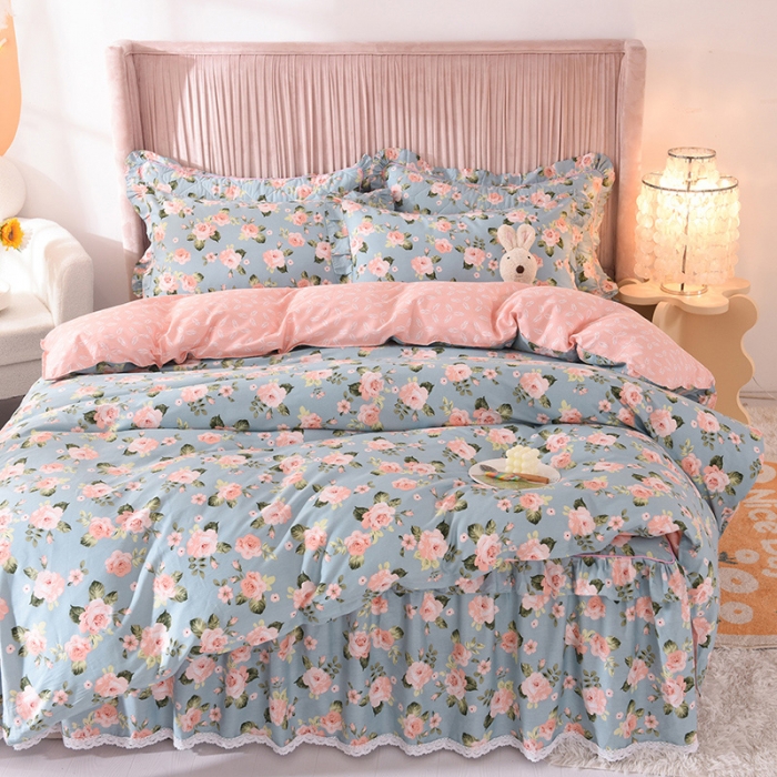 91家纺网 家纺一手货源 找家纺 美达2025全棉蕾丝小花边单层床裙四件套 满园春