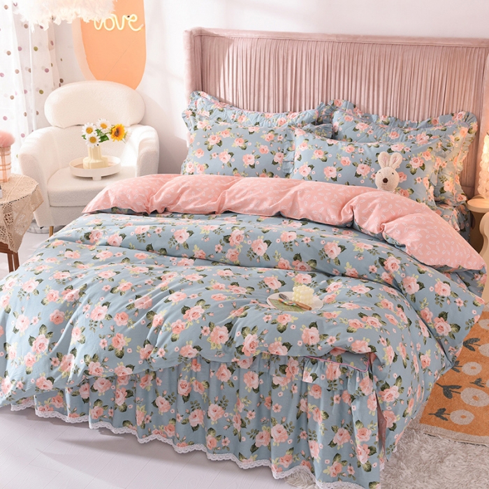 91家纺网 家纺一手货源 找家纺 美达2025全棉蕾丝小花边单层床裙四件套 满园春