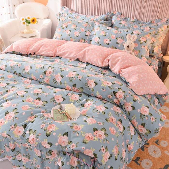 91家纺网 家纺一手货源 找家纺 美达2025全棉蕾丝小花边单层床裙四件套 满园春