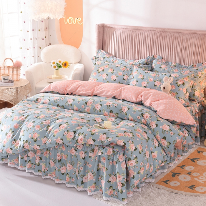 91家纺网 家纺一手货源 找家纺 美达2025全棉蕾丝小花边单层床裙四件套 满园春